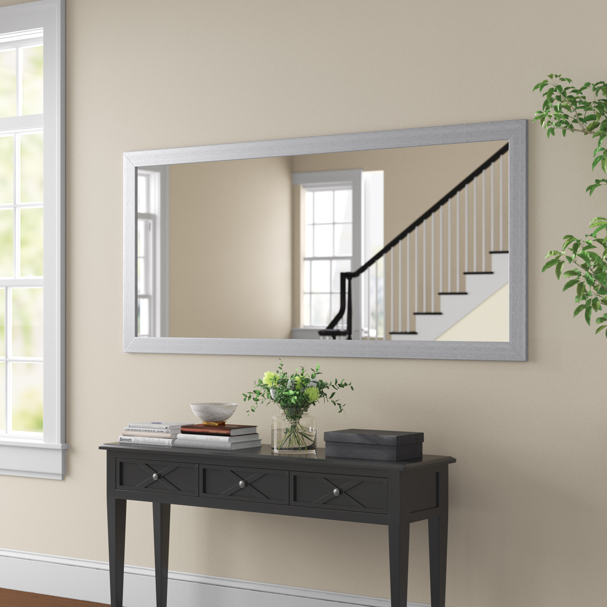 Theo Wood Flat Wall Mirror Wade Logan Size 35 H x 67.5 W